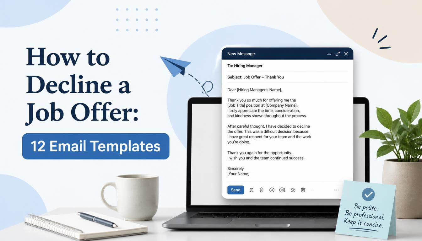 Draft email declining a job offer open on a laptop screen